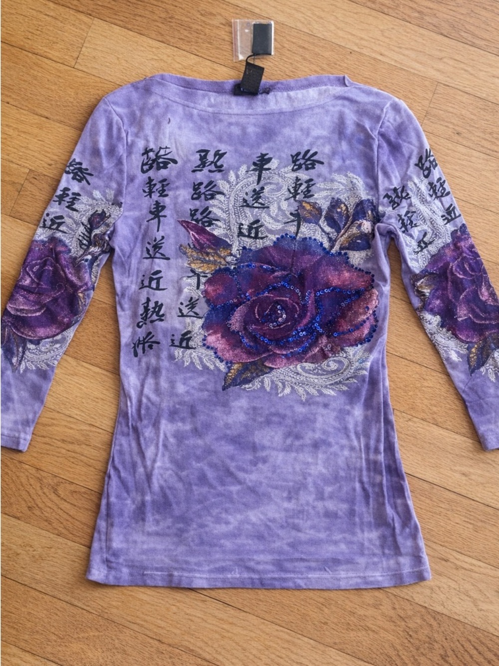 Women's Purple Floral Long Sleeve Tee with Embellished Rose Detail
